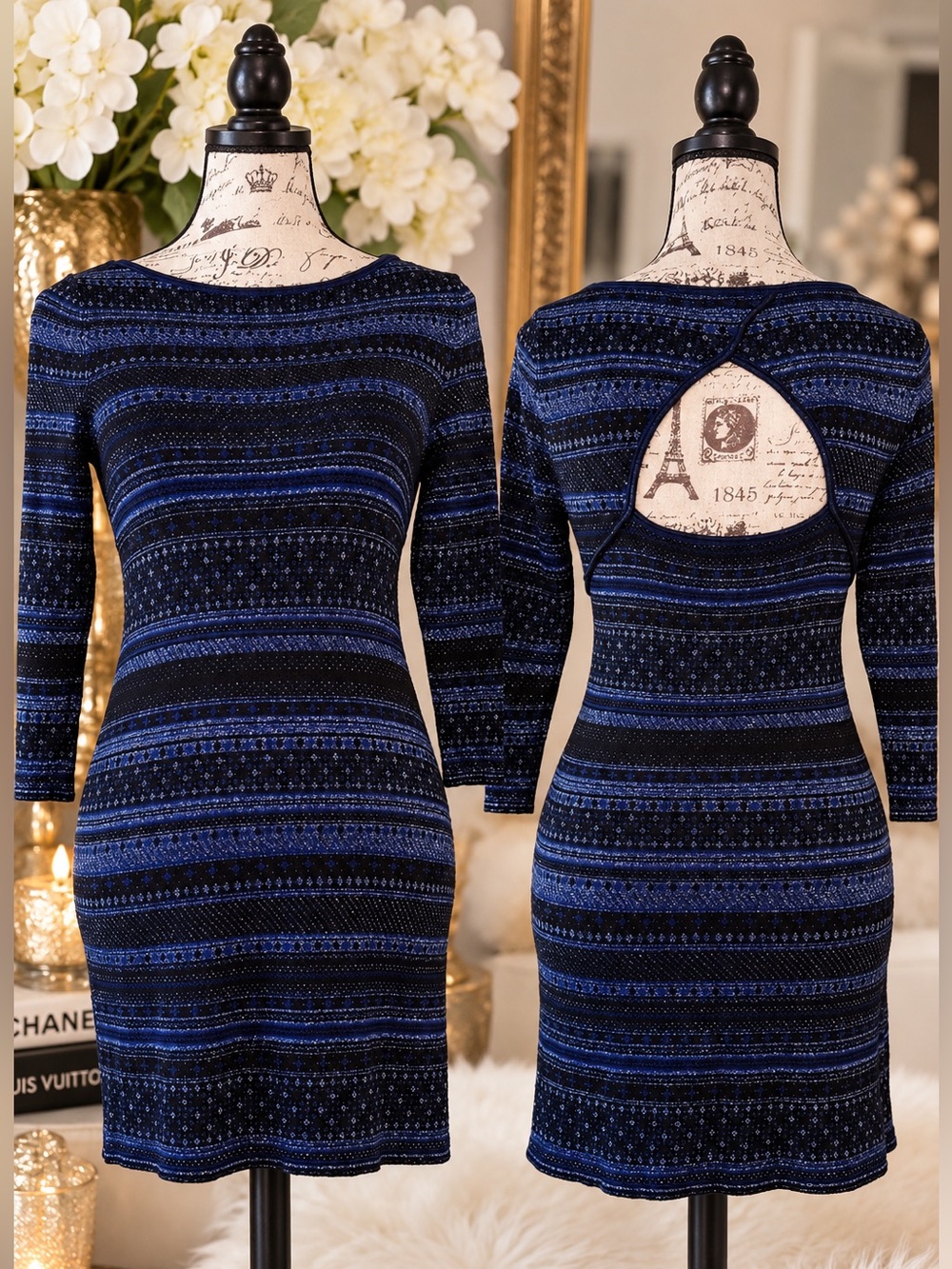 White House Black Market Metallic Knit Mini Dress Navy Black Open Back Shimmer S